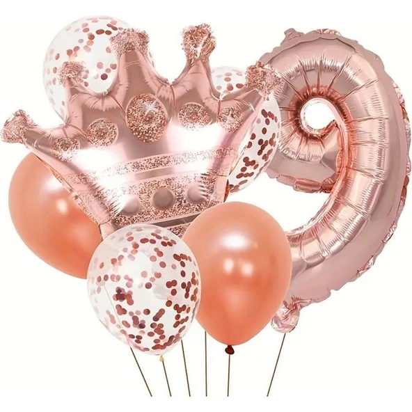 Parti Sürprizi Rose Gold Taçlı 9 Rakam Balon Set ürün görseli