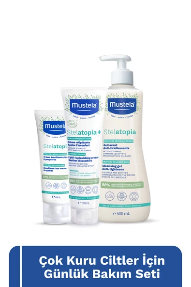 Mustela Çok Kuru Ciltler Günlük Bakım Seti-Stelatopia+ Vücut Kremi, Stelatopia Şampuan, Stelatopia Yüz Kremi