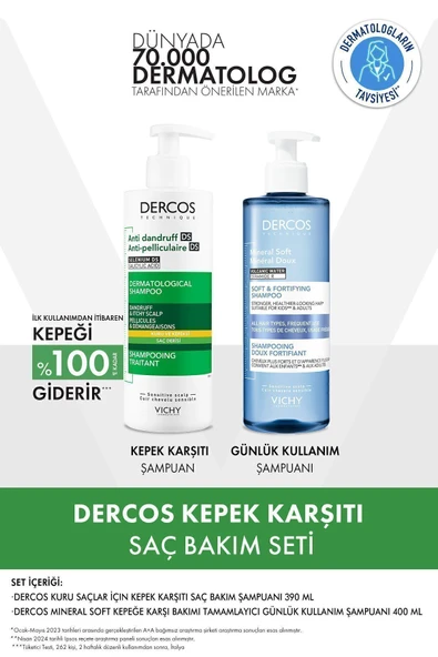 Vichy Dercos Kuru Saçlar İçin Saç Bakım Seti: Kepek Karşıtı Şampuan& Mineral Soft Bakım Şampuan 400 ml