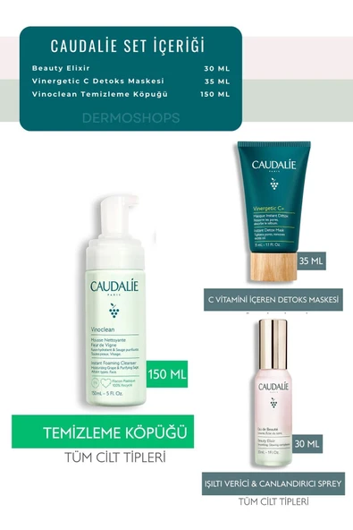 Caudalie Temiz Arınmış Işıltılı Günlük Bakım Seti | Elixir Sprey Kil Maskesi Temizleme Köpük 3 lü set - Resim 3