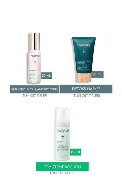 Caudalie Temiz Arınmış Işıltılı Günlük Bakım Seti | Elixir Sprey Kil Maskesi Temizleme Köpük 3 lü set - Resim 2