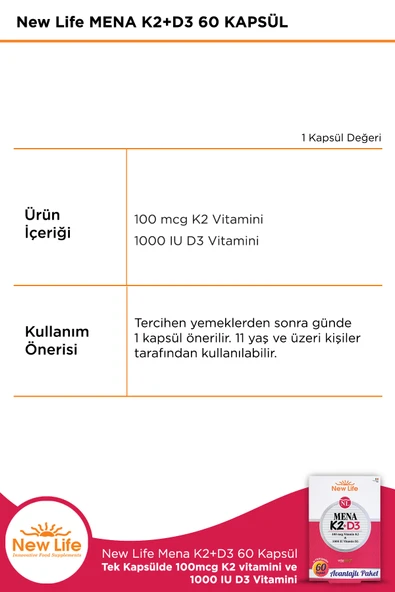 New Life Mena K2 D3 60 Kapsül - 100mcg K2 Vitamini + 1000IU D3 Vitamini - Resim 2