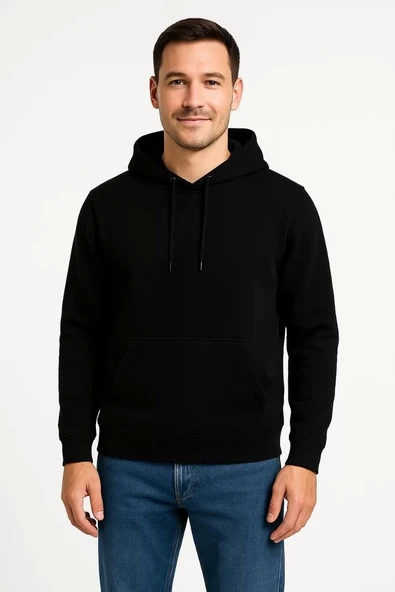 Erkek Üç İplik Kapüşonlu Kanguru Cepli SweatShirt hoodie - Siyah - Resim 7
