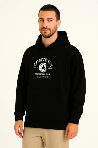 Üç İplik Kapşonlu ön ve Arka Baskılı SweatShirt hoodie- Siyah ürün görseli 1