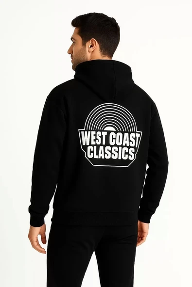 Erkek Üç İplik Kapüşonlu Ön ve Arka Baskılı SweatShirt hoodie - Siyah - 4