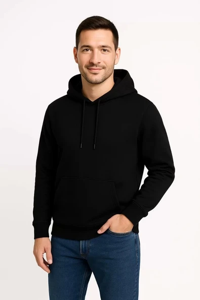 Erkek Üç İplik Kapüşonlu Kanguru Cepli SweatShirt hoodie - Siyah - Resim 5