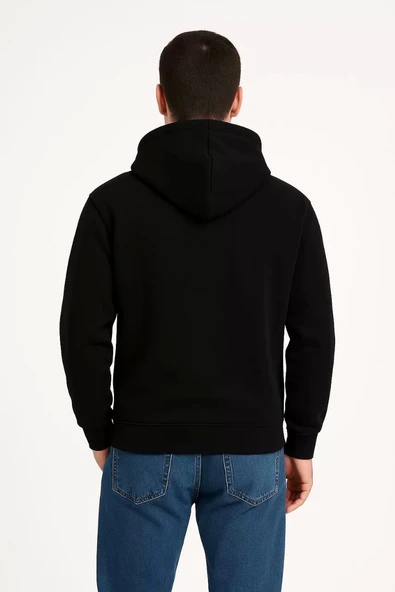 Erkek Üç İplik Kapüşonlu Kanguru Cepli SweatShirt hoodie - Siyah - Resim 3