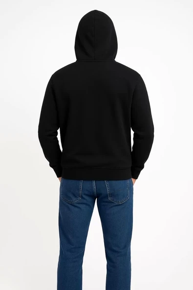 Erkek Üç İplik Kapüşonlu Kanguru Cepli SweatShirt hoodie - Siyah - Resim 4