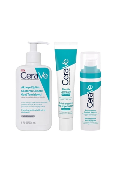 CeraVe Akneye Eğilim Gösteren Ciltler Için Temizleyici 236ml Yüz Bakım Jeli 40ml Retinol Serum 30ml