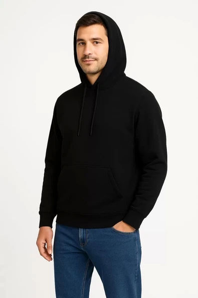 Erkek Üç İplik Kapüşonlu Kanguru Cepli SweatShirt hoodie - Siyah ürün görseli 1