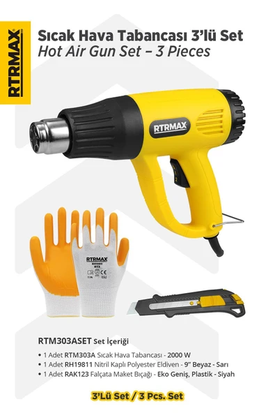 RTM303ASET Sıcak Hava Tabancası 2000 W 3'lü Set - Eldiven-Falçata Maket Bıçağı - 1