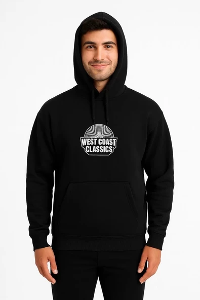 Erkek Üç İplik Kapüşonlu Ön ve Arka Baskılı SweatShirt hoodie - Siyah - 5