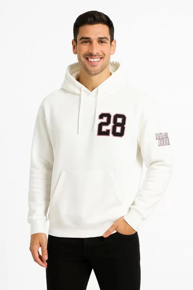 Üç İplik Kapüşonlu Ön ve Arka Baskılı SweatShirt hoodie - Beyaz - Resim 6