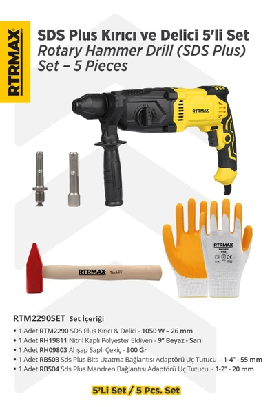 RTM2290SET Sds Plus Kırıcı ve Delici 5'lİ Set - Eldiven-Çekiç-Uç Tutucu - 1