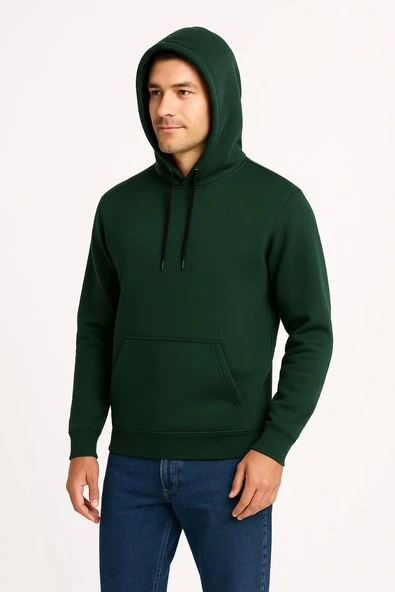 Erkek Üç İplik Kapüşonlu Kanguru Cepli SweatShirt hoodie - Haki - Resim 3