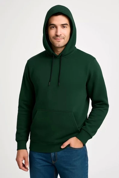 Erkek Üç İplik Kapüşonlu Kanguru Cepli SweatShirt hoodie - Haki - Resim 6