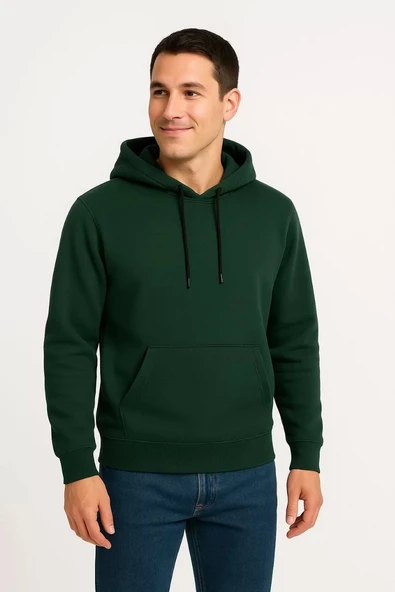 Erkek Üç İplik Kapüşonlu Kanguru Cepli SweatShirt hoodie - Haki ürün görseli 1