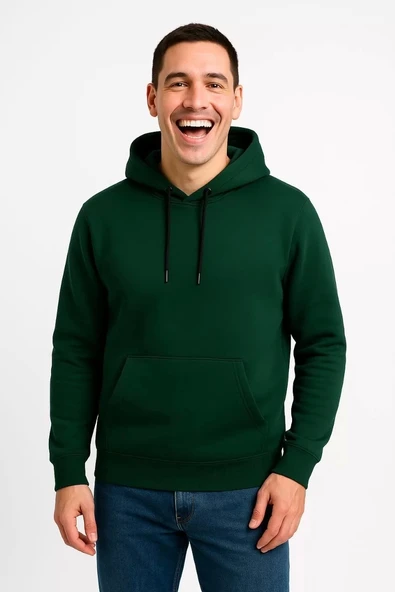 Erkek Üç İplik Kapüşonlu Kanguru Cepli SweatShirt hoodie - Haki - Resim 4