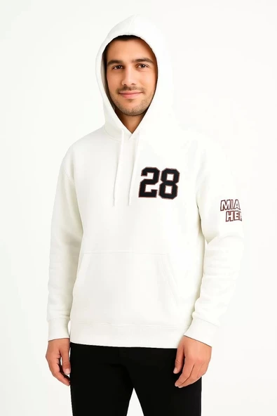 Üç İplik Kapüşonlu Ön ve Arka Baskılı SweatShirt hoodie - Beyaz - Resim 2