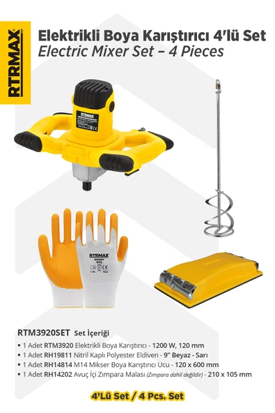 RTM3920SET Elektrikli Boya Karıştırıcı 4'lü Set - Eldiven-Boya Karıştırıcı Ucu-Zımpara Malası ürün görseli