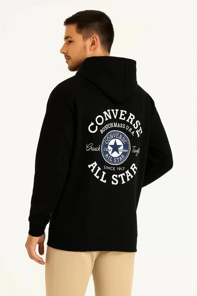 Üç İplik Kapşonlu ön ve Arka Baskılı SweatShirt hoodie- Siyah - Resim 2