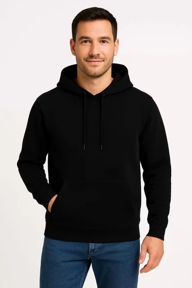 Erkek Üç İplik Kapüşonlu Kanguru Cepli SweatShirt hoodie - Siyah - Resim 6