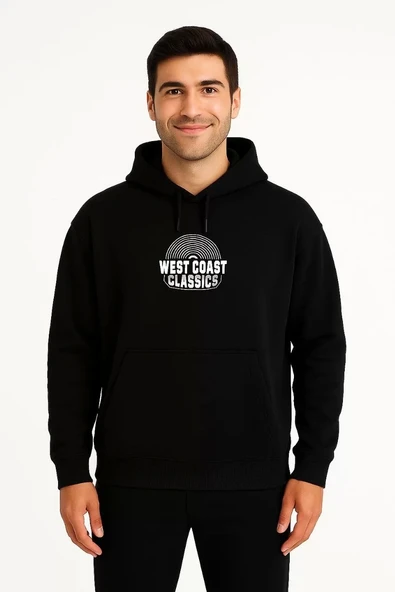 Erkek Üç İplik Kapüşonlu Ön ve Arka Baskılı SweatShirt hoodie - Siyah - 2