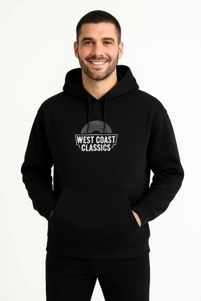 Erkek Üç İplik Kapüşonlu Ön ve Arka Baskılı SweatShirt hoodie - Siyah - 6