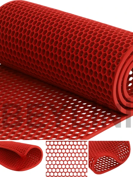 BEYLİNİ Bal Petek PVC Paspas Islak Zeminlerde Kaydırmaz İç Dış Mekan Banyo Duş Lavabo Havuz Kenarı Halısı Kırmızı - 1