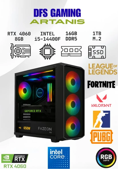 DFS Gaming ARTANIS INTEL i5 14400F-H610M-RTX 4060-16GB DDR5 RAM-1TB M.2 SSD-OYUNCU BİLGİSAYARI ürün görseli