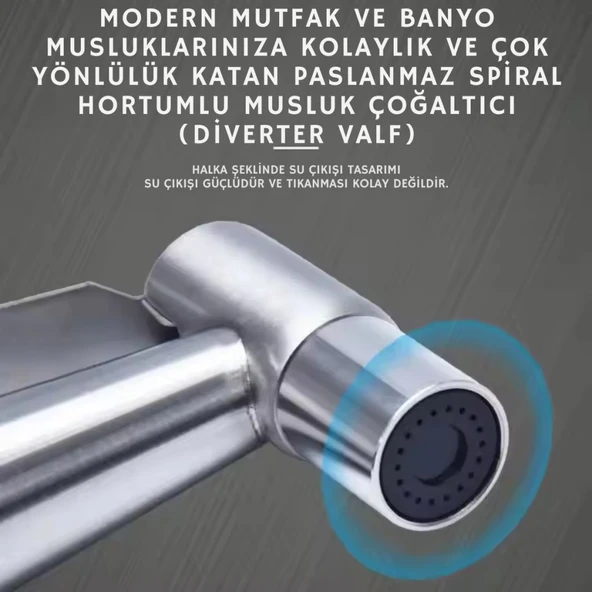 Polham Paslanmaz Çelik Spiral Hortumlu Musluk Çoğaltıcı Tüm Musluklara Uyumlu, Banyo, Tuvalet, Musluk Çoğaltıcı - 3
