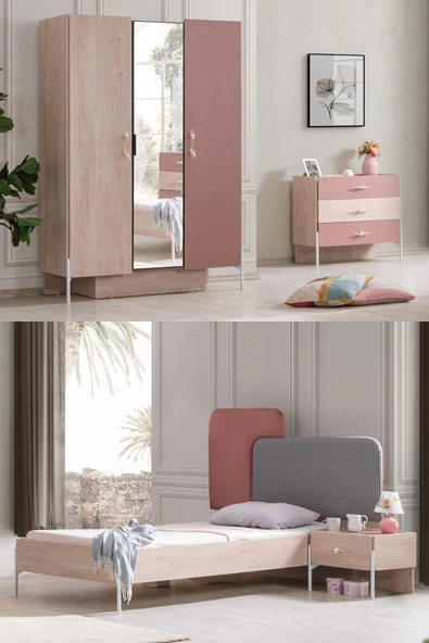 Rosetta Genç Odası - 3 Kapılı Dolap, Karyola, Komodin, Şifonyer ürün görseli