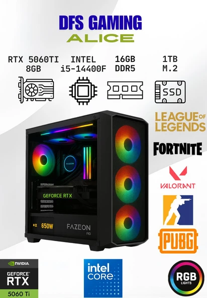 DFS Gaming ALICE INTEL i5 14400F-H610M-RTX 5060 TI 8GB-16GB DDR5 RAM-1TB M.2 SSD-OYUNCU BİLGİSAYARI ürün görseli