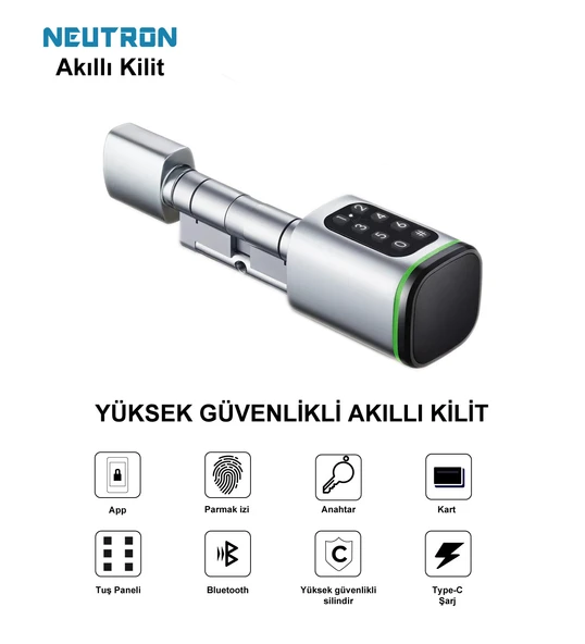 Neutron NTL-SC-02FKPW Parmak Izi, Anahtarlı, Tuşlu, Kartlı ve Uzaktan Kontrollü Akıllı Kapı Kilidi - 4