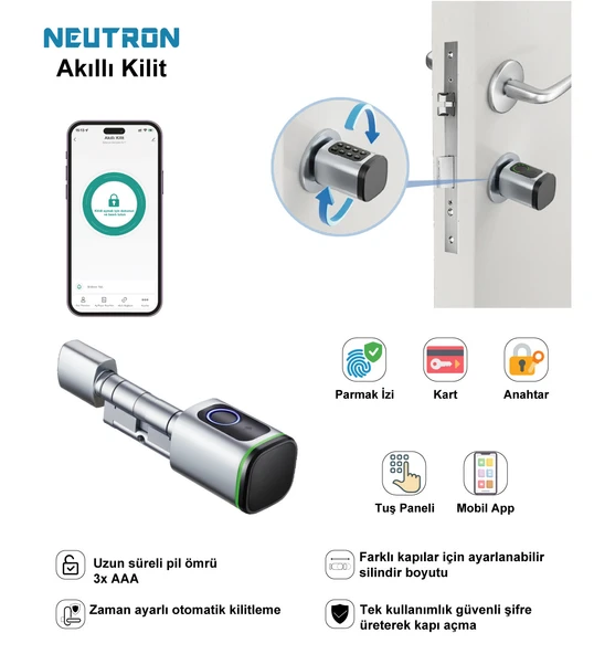 Neutron NTL-SC-02FKPW Parmak Izi, Anahtarlı, Tuşlu, Kartlı ve Uzaktan Kontrollü Akıllı Kapı Kilidi