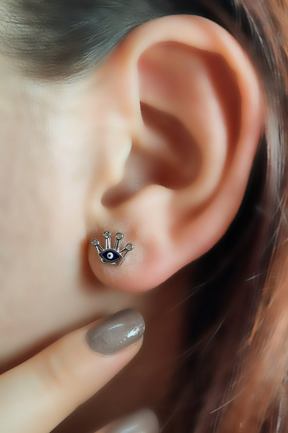 Taç Model Nazar Boncuklu 925 Ayar Gümüş Küpe - 3