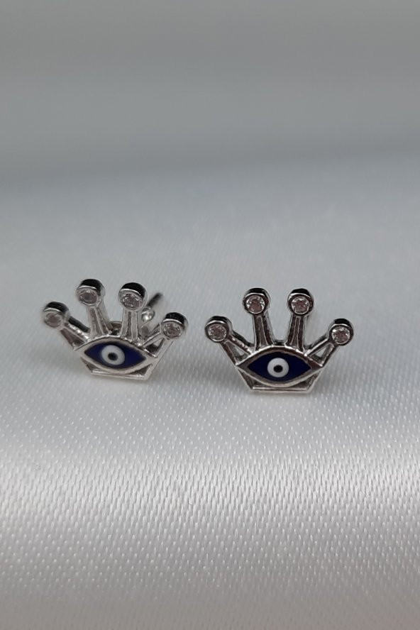 Taç Model Nazar Boncuklu 925 Ayar Gümüş Küpe - 2