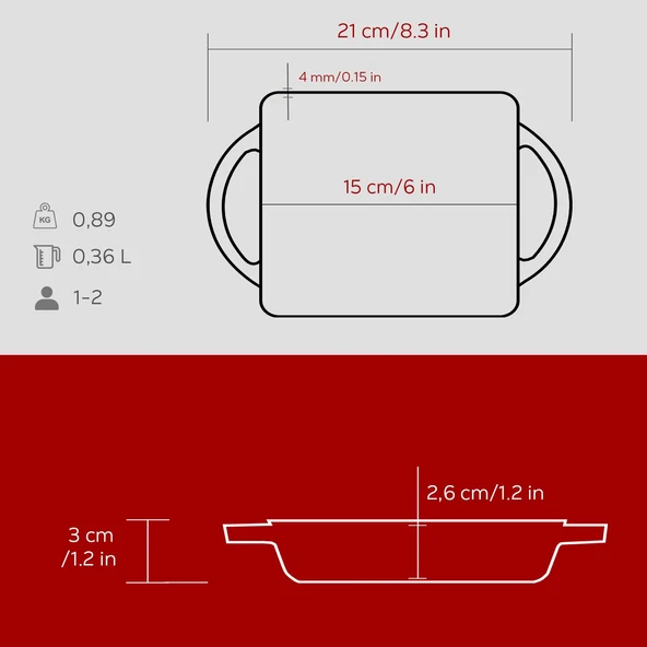 Lava Döküm Dikdörtgen Sahan Döküm Demir Yekpare Çift Kulplu Ölçü 12x15cm.-Bordo - Resim 5