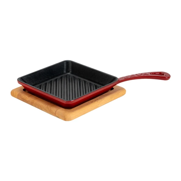 Lava Döküm Mini Kare Izgara Tava Kayın Ahşap Altlıklı Döküm Demir Yekpare Saplı Ölçü 16x16cm.-Bordo - 1