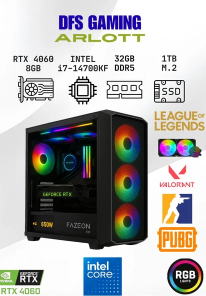 DFS Gaming ARLOTT INTEL i7 14700KF-H610M-RTX 4060 8GB-32GB DDR5-1TB SSD-SIVI SOĞUTMALI OYUNCU BİLGİSAYARI ürün görseli