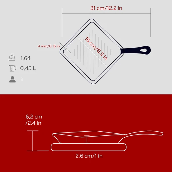 Lava Döküm Mini Kare Izgara Tava Kayın Ahşap Altlıklı Döküm Demir Yekpare Saplı Ölçü 16x16cm.-Bordo - 5