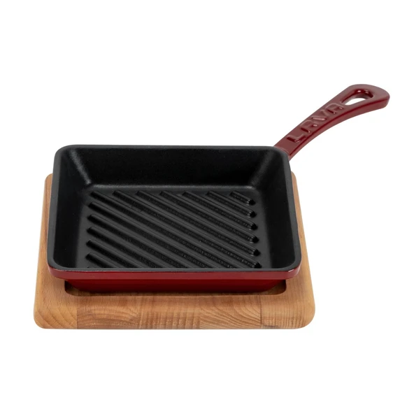 Lava Döküm Mini Kare Izgara Tava Kayın Ahşap Altlıklı Döküm Demir Yekpare Saplı Ölçü 16x16cm.-Bordo - 2