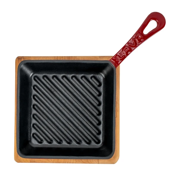 Lava Döküm Mini Kare Izgara Tava Kayın Ahşap Altlıklı Döküm Demir Yekpare Saplı Ölçü 16x16cm.-Bordo - 3