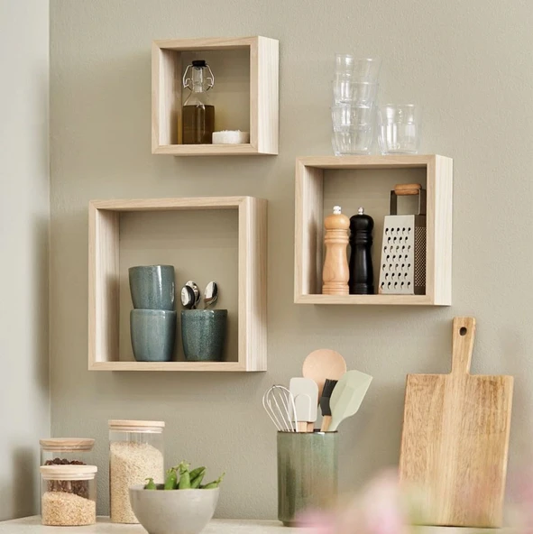 Doğal Ahşap Çok Amaçlı Raf, Kitaplık, Mutfak Dolabı,baharatlık,banyo Rafı 3'lü Set - 3