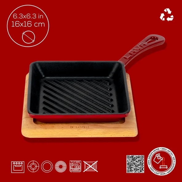 Lava Döküm Mini Kare Izgara Tava Kayın Ahşap Altlıklı Döküm Demir Yekpare Saplı Ölçü 16x16cm.-Bordo - 4