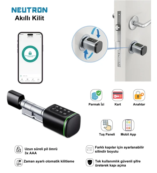 Neutron NTL-SC-02FKPB Parmak Izi, Anahtarlı, Tuşlu, Kartlı ve Uzaktan Kontrollü Akıllı Kapı Kilidi