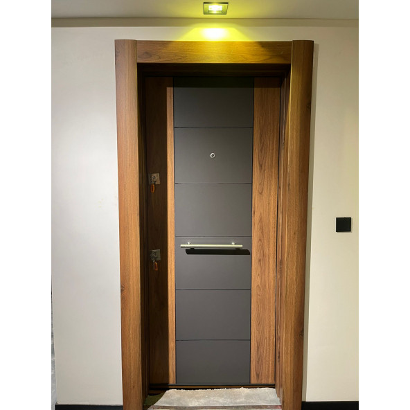 3450 Ahşap Kaplama Çelik Kapı, Tirnakli Sistem Çelik Kapi, Antrasit Düz Model Daire Kapısı - 2