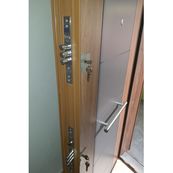 3450 Ahşap Kaplama Çelik Kapı, Tirnakli Sistem Çelik Kapi, Antrasit Düz Model Daire Kapısı - 6