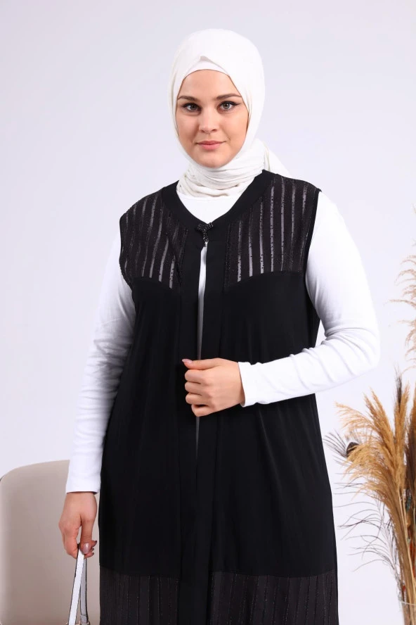 Kadin Buyuk Beden Transparan Taşlı Uzun Yelek - 3