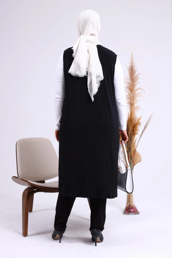 Kadin Buyuk Beden Transparan Taşlı Uzun Yelek - 5